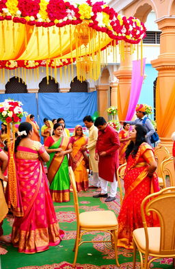 A vibrant and colorful scene of an Indian wedding arrangement, capturing the essence of traditional Indian culture