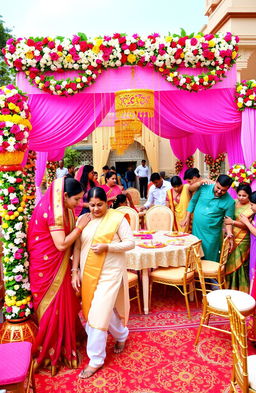 A vibrant and colorful scene of an Indian wedding arrangement, capturing the essence of traditional Indian culture