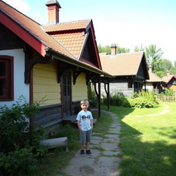 A picturesque scene of a Russian-style house in a traditional village setting, with a young boy standing outside