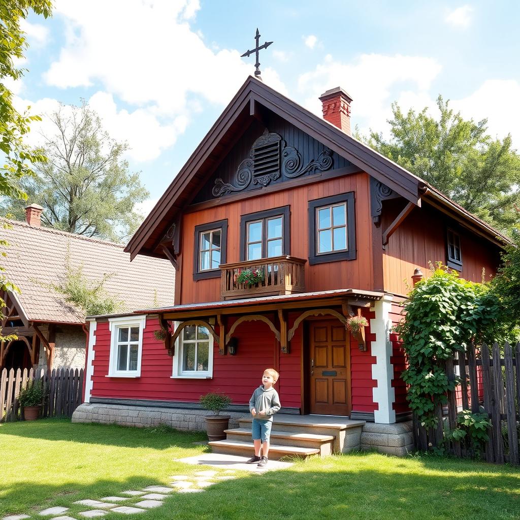 A picturesque scene of a Russian-style house in a traditional village setting, with a young boy standing outside