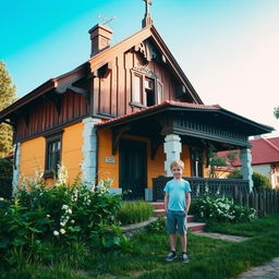 A picturesque scene of a Russian-style house in a traditional village setting, with a young boy standing outside