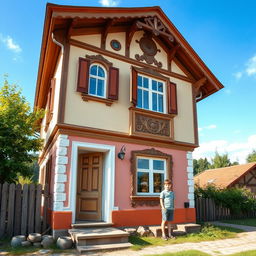 A picturesque scene of a Russian-style house in a traditional village setting, with a young boy standing outside