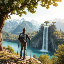 An architect stands on a flower-covered rock under a tree with dense foliage and large flowers