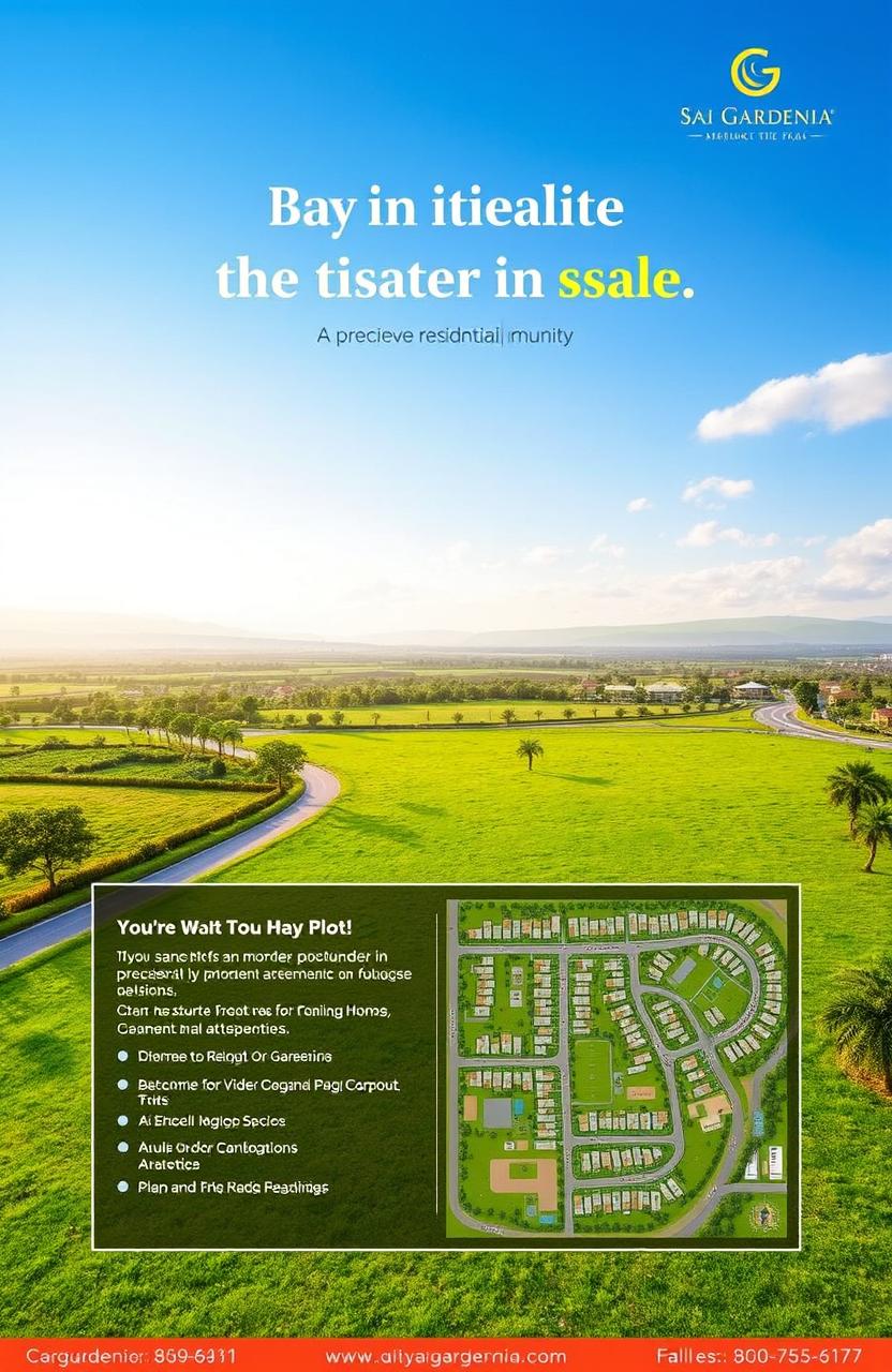 An advertisement for the sale of residential plots, featuring lush green landscaping and modern amenities in Sai Gardenia, a prestigious residential community