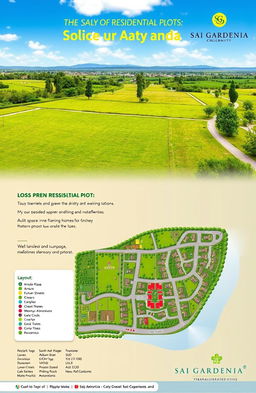 An advertisement for the sale of residential plots, featuring lush green landscaping and modern amenities in Sai Gardenia, a prestigious residential community