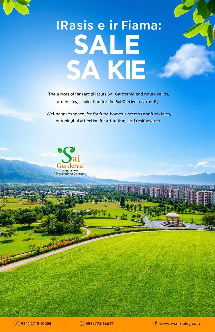 An advertisement for the sale of residential plots, featuring lush green landscaping and modern amenities in Sai Gardenia, a prestigious residential community