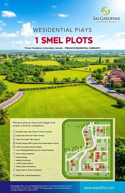 An advertisement for the sale of residential plots, featuring lush green landscaping and modern amenities in Sai Gardenia, a prestigious residential community