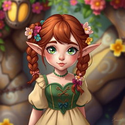 An illustration of a Halfling female who appears to be around 25 years old