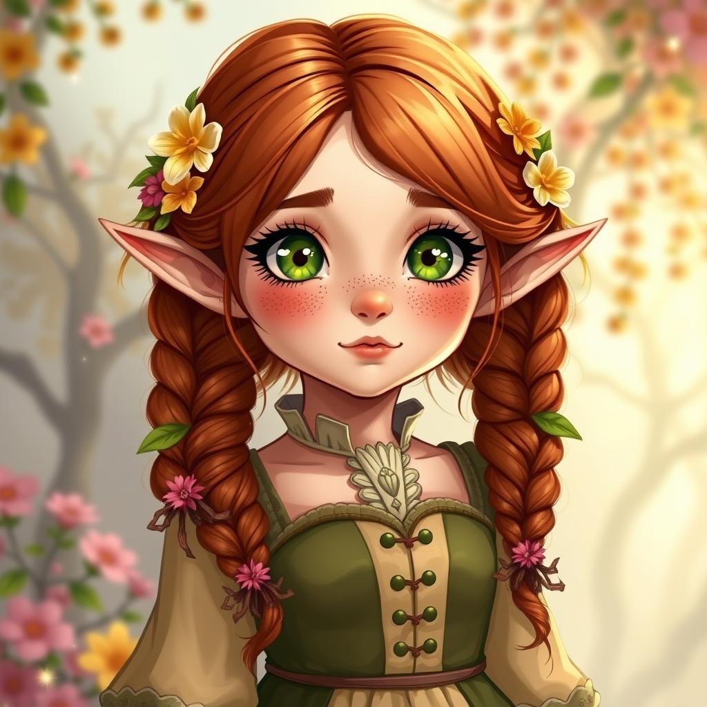 An illustration of a Halfling female who appears to be around 25 years old