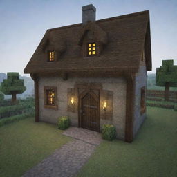 A small, quaint medieval house from Minecraft made of cobblestone and oak, with small windows, a sturdy wooden door, and a lit fireplace giving off a warm, welcoming glow.