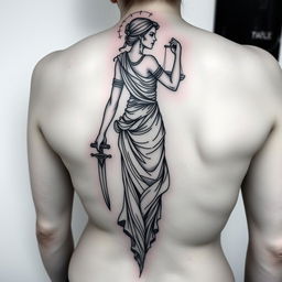 A sketch tattoo design of the goddess Themis, spanning the back, with strong lines and dynamic shading