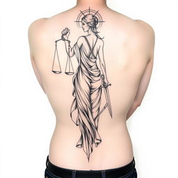 A sketch tattoo design of the goddess Themis, spanning the back, with strong lines and dynamic shading