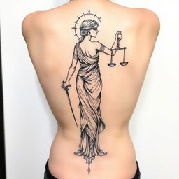 A sketch tattoo design of the goddess Themis, spanning the back, with strong lines and dynamic shading