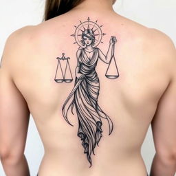 A sketch tattoo design of the goddess Themis, spanning the back, with strong lines and dynamic shading