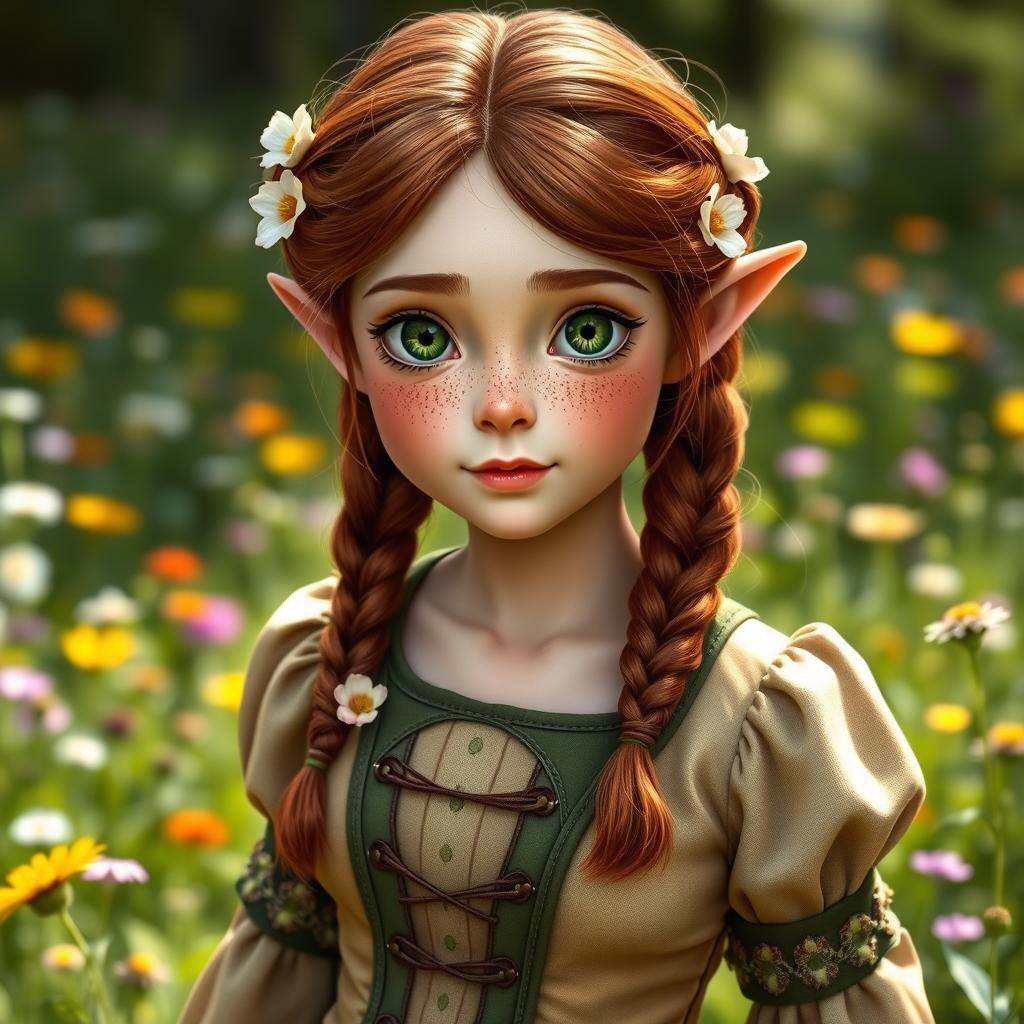 A mature Halfling female, approximately 25 years old, with brown reddish hair styled in braids adorned with flowers