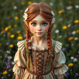 A mature Halfling female, approximately 25 years old, with brown reddish hair styled in braids adorned with flowers