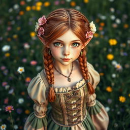 A mature Halfling female, approximately 25 years old, with brown reddish hair styled in braids adorned with flowers