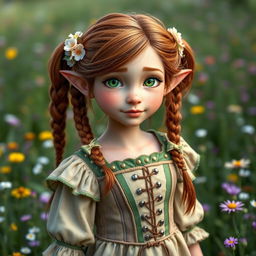 A mature Halfling female, approximately 25 years old, with brown reddish hair styled in braids adorned with flowers