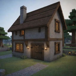 A small, quaint medieval house from Minecraft made of cobblestone and oak, with small windows, a sturdy wooden door, and a lit fireplace giving off a warm, welcoming glow.