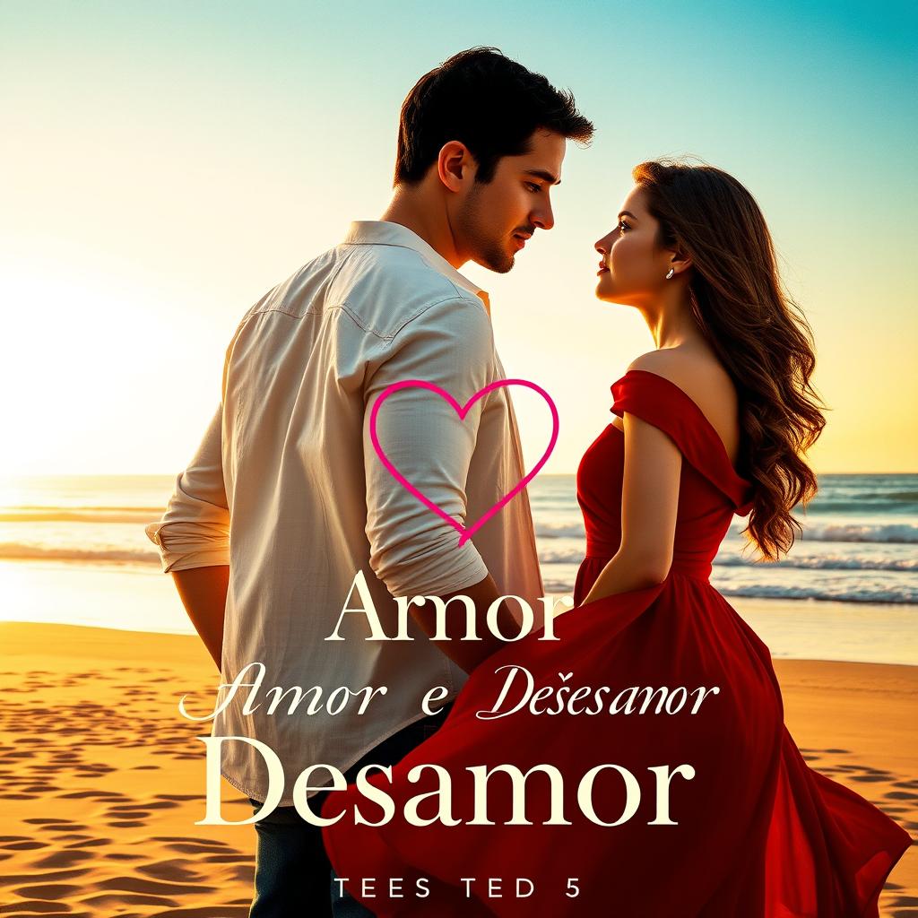 Poster for the updated film 'Amor e Desamor', featuring a romantic couple standing on a scenic beach at sunset