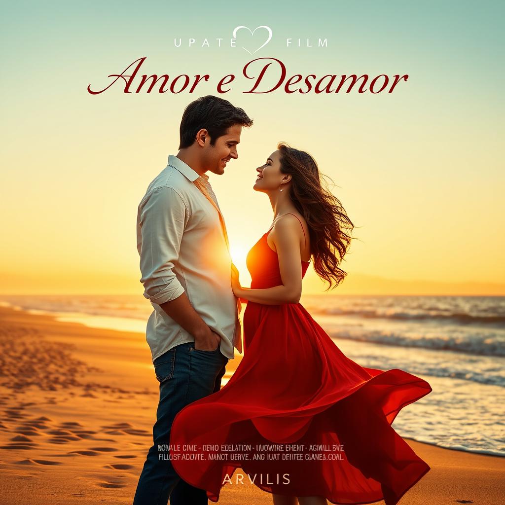 Poster for the updated film 'Amor e Desamor', featuring a romantic couple standing on a scenic beach at sunset