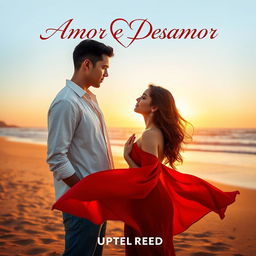 Poster for the updated film 'Amor e Desamor', featuring a romantic couple standing on a scenic beach at sunset