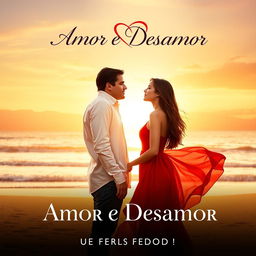 Poster for the updated film 'Amor e Desamor', featuring a romantic couple standing on a scenic beach at sunset