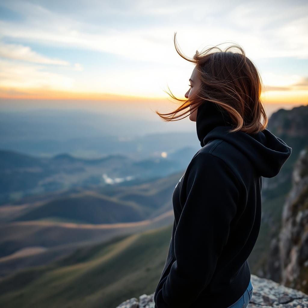 A woman in a black hoodie standing at the edge of a cliff, looking out over the vast landscape below