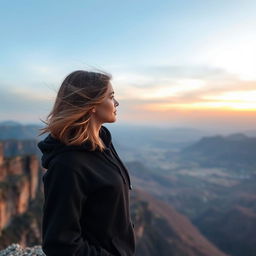 A woman in a black hoodie standing at the edge of a cliff, looking out over the vast landscape below