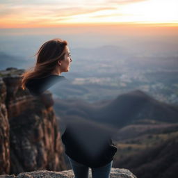 A woman in a black hoodie standing at the edge of a cliff, looking out over the vast landscape below