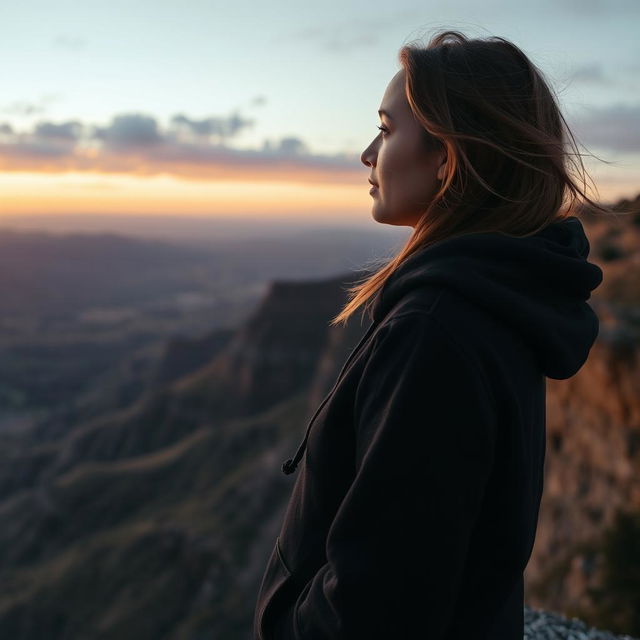 A woman in a black hoodie standing at the edge of a cliff, looking out over the vast landscape below