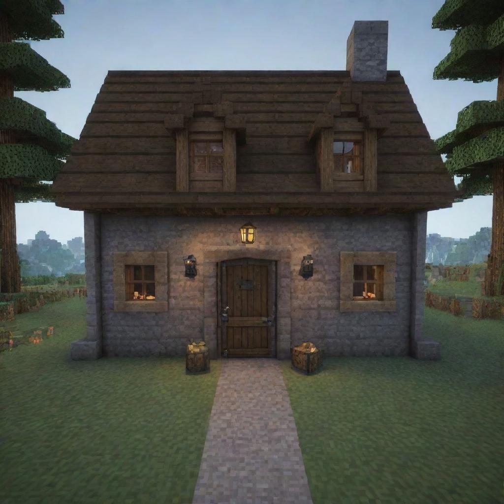 A small, quaint medieval house from Minecraft made of cobblestone and oak, with small windows, a sturdy wooden door, and a lit fireplace giving off a warm, welcoming glow.