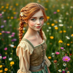A human female, approximately 25 years old, with brown reddish hair styled in braids adorned with flowers