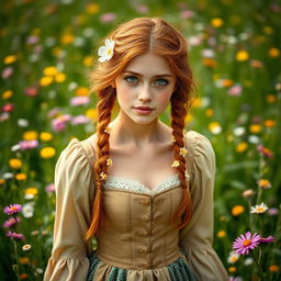 A human female, approximately 25 years old, with brown reddish hair styled in braids adorned with flowers