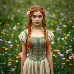 A human female, approximately 25 years old, with brown reddish hair styled in braids adorned with flowers