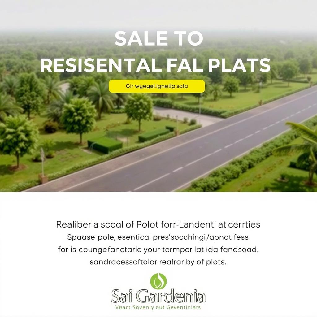 An advertisement for the sale of residential plots, featuring a modern and simple design with lush green landscaping and essentials in Sai Gardenia