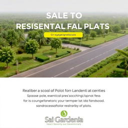 An advertisement for the sale of residential plots, featuring a modern and simple design with lush green landscaping and essentials in Sai Gardenia