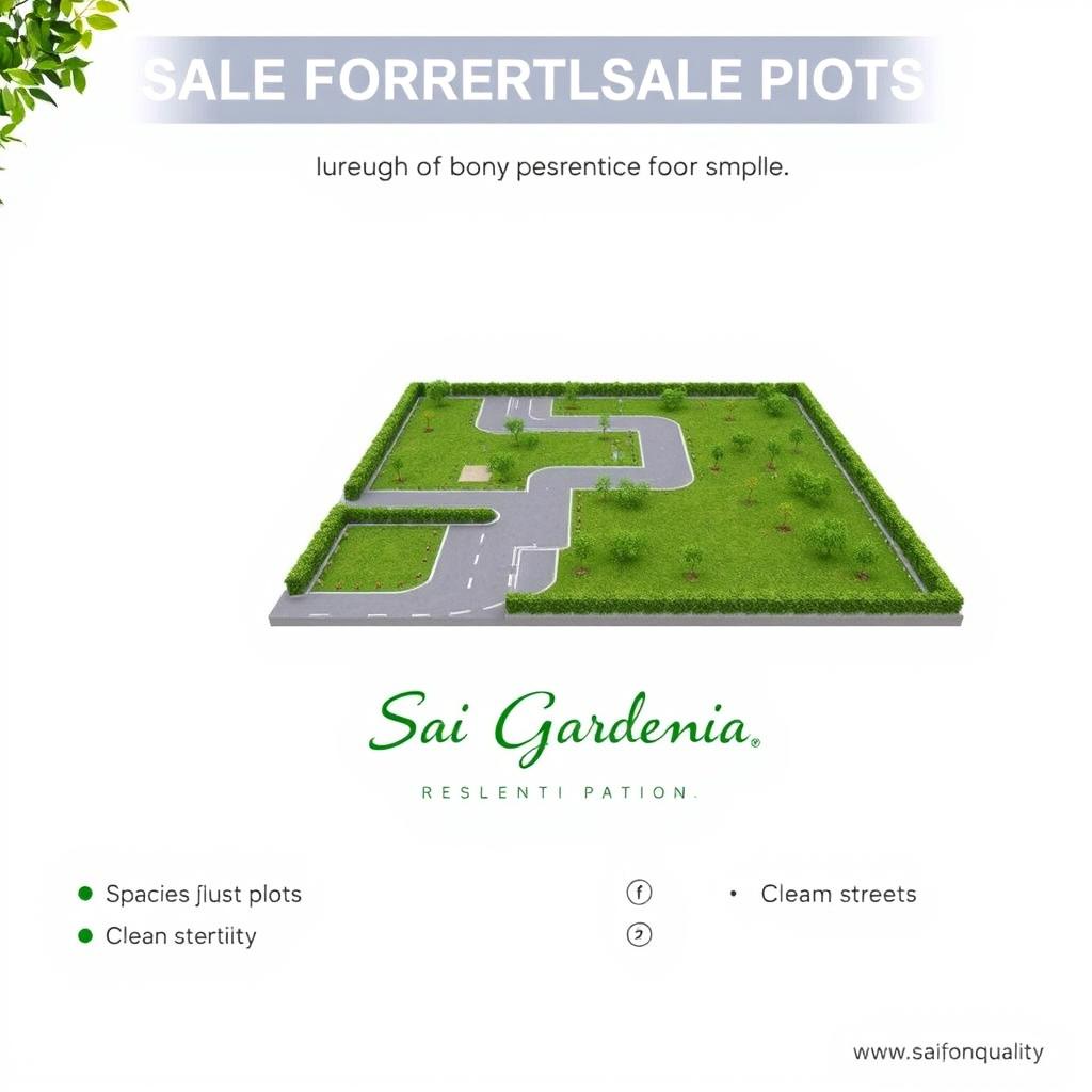 An advertisement for the sale of residential plots, featuring a modern and simple design with lush green landscaping and essentials in Sai Gardenia