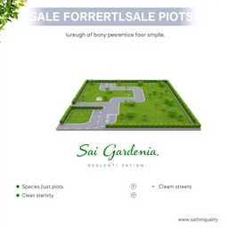 An advertisement for the sale of residential plots, featuring a modern and simple design with lush green landscaping and essentials in Sai Gardenia