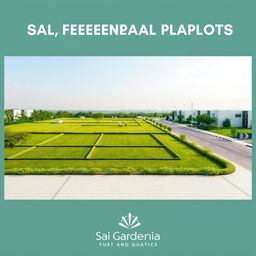 An advertisement for the sale of residential plots, featuring a modern and simple design with lush green landscaping and essentials in Sai Gardenia