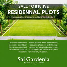 An advertisement for the sale of residential plots, featuring a modern and simple design with lush green landscaping and essentials in Sai Gardenia