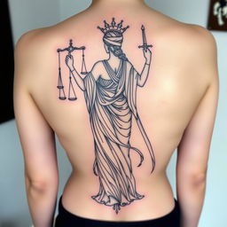 A medium-sized sketch tattoo design of the goddess Themis on the back