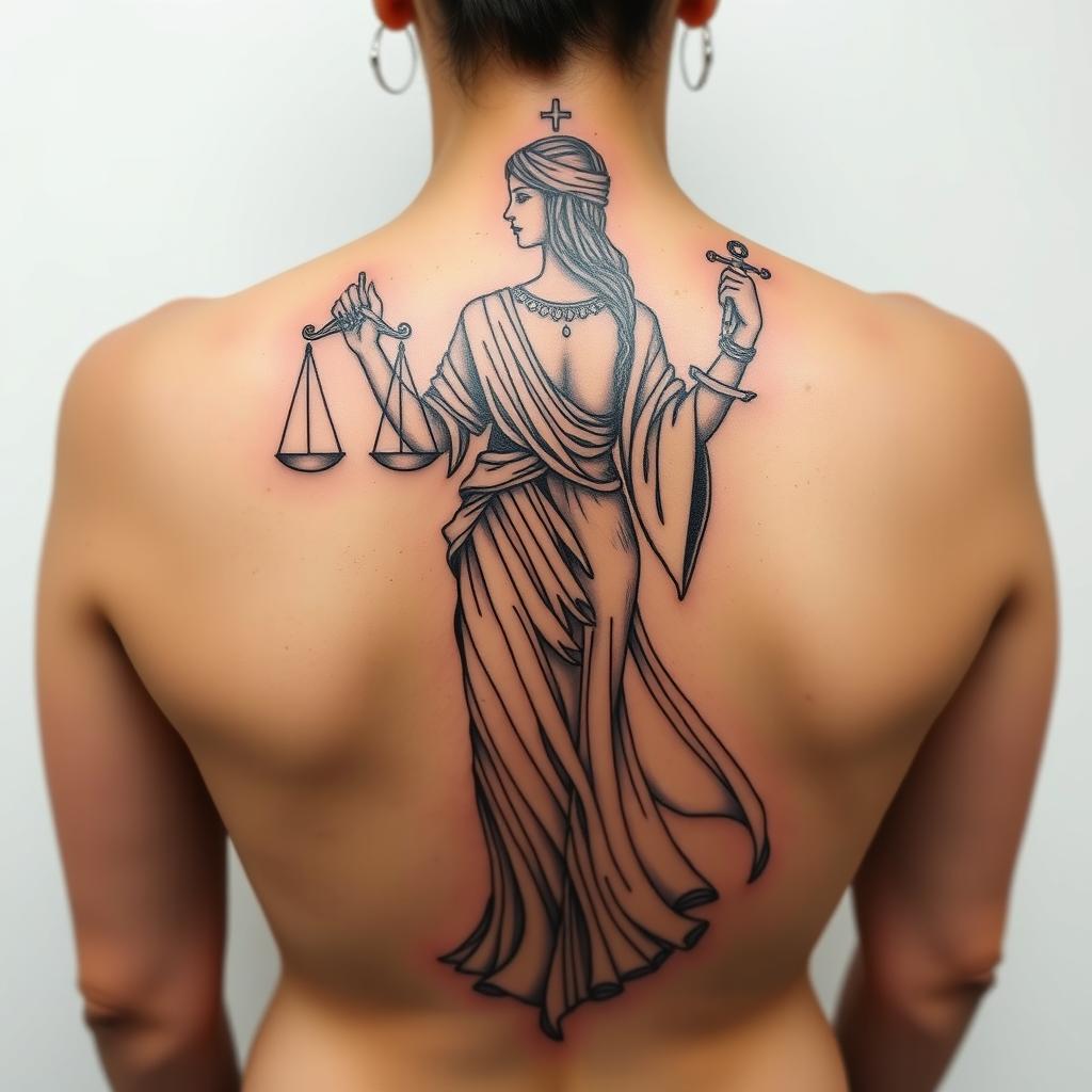 A medium-sized sketch tattoo design of the goddess Themis on the back