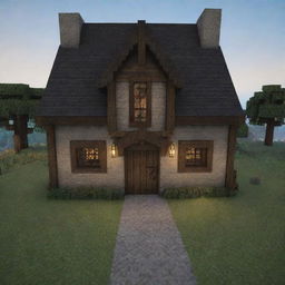 A small, quaint medieval house from Minecraft made of cobblestone and oak, with small windows, a sturdy wooden door, and a lit fireplace giving off a warm, welcoming glow.