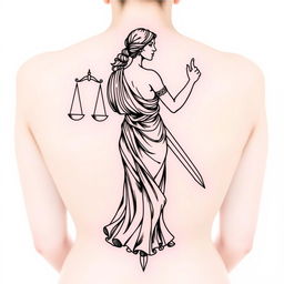 A medium-sized sketch tattoo design of the goddess Themis on the back