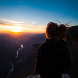 A woman in a black hoodie standing at the edge of a cliff, gazing down at the breathtaking view below