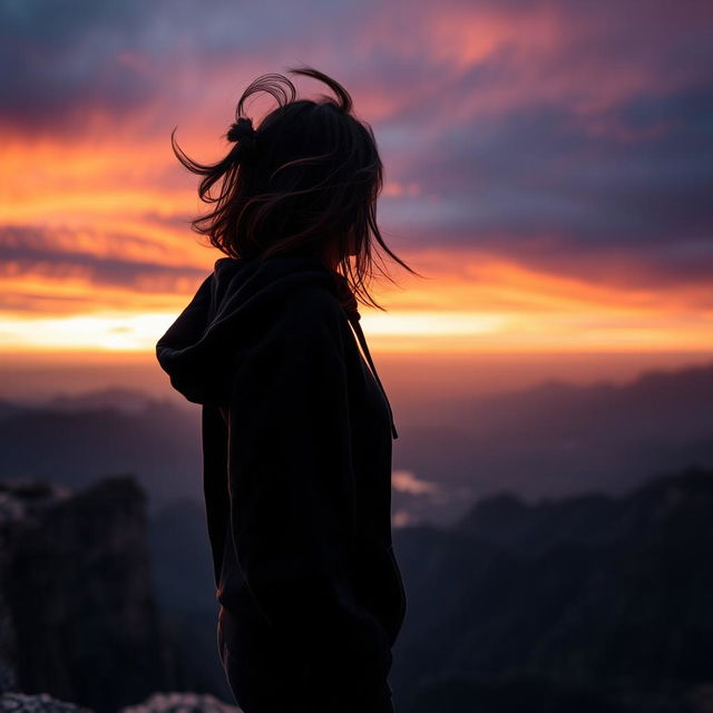 A woman in a black hoodie standing at the edge of a cliff, gazing down at the breathtaking view below