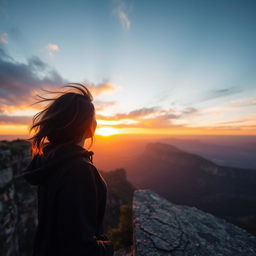 A woman in a black hoodie standing at the edge of a cliff, gazing down at the breathtaking view below