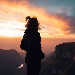 A woman in a black hoodie standing at the edge of a cliff, gazing down at the breathtaking view below