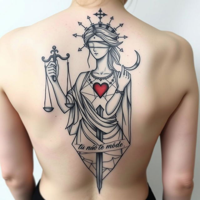 A medium-sized sketch tattoo design of the goddess Themis on the back, featuring geometric connections in micro-realism style